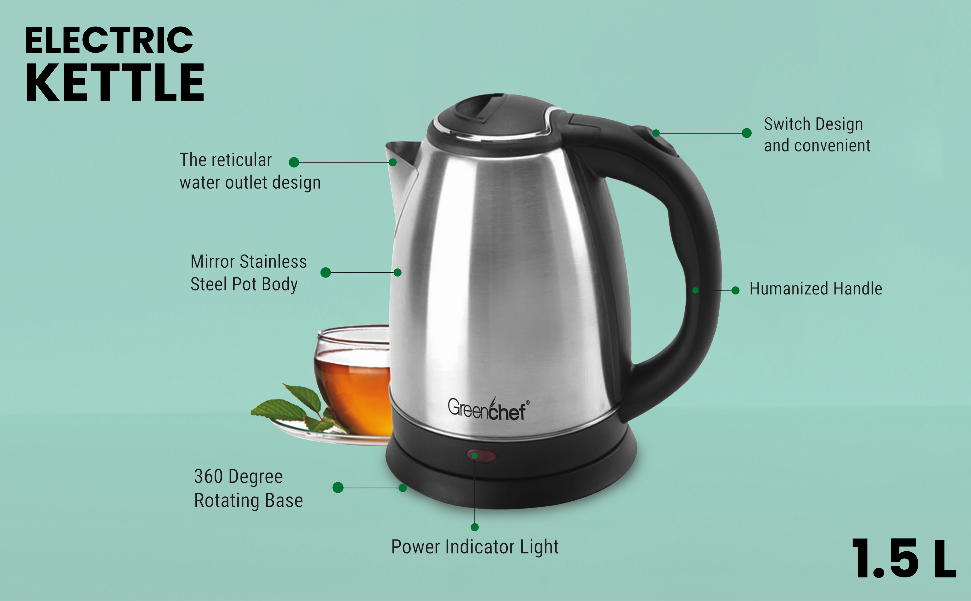 2-Liter Electric Kettle Stainless Steel Water Boiler Auto Shut-Off Coffee  Green